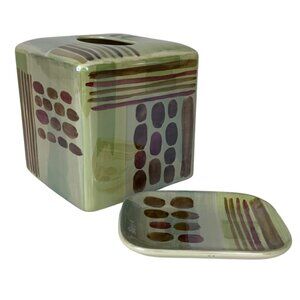 Croscill Minérale Ceramic Tissue Box Cover and Soap Dish Set Hand Painted Green